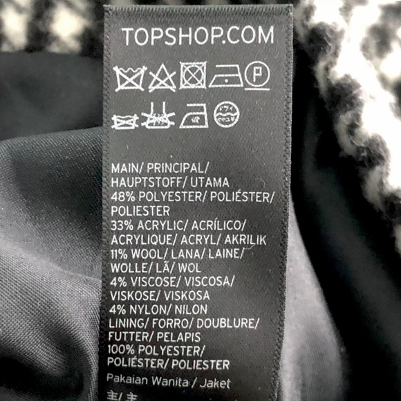 TOPSHOP B/W Houndstooth Wool Blend Pea Coat w Belted Collar & Hem Zipper Pockets - Picture 5 of 13